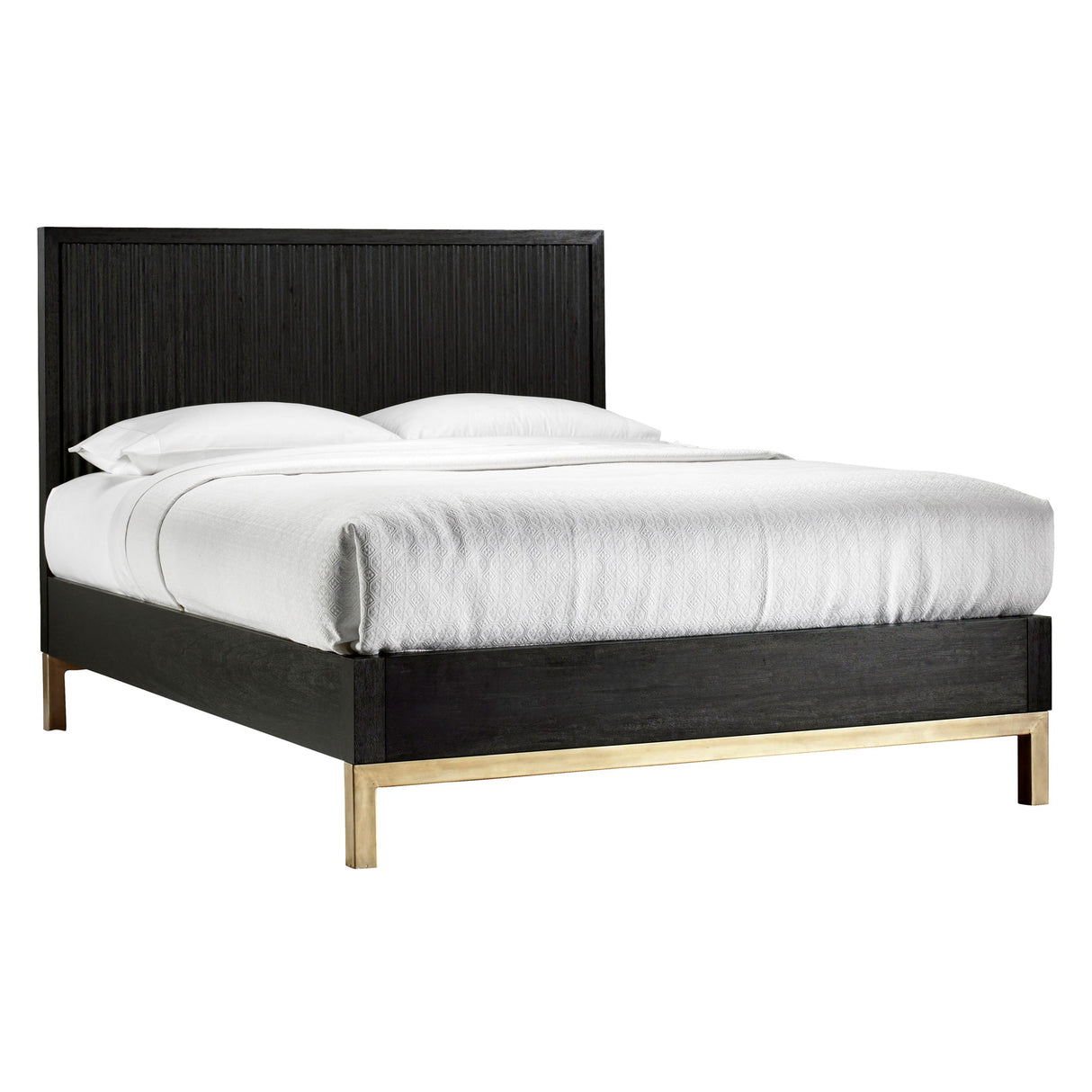 Black bed frame with gold legs and white bedding on a white background