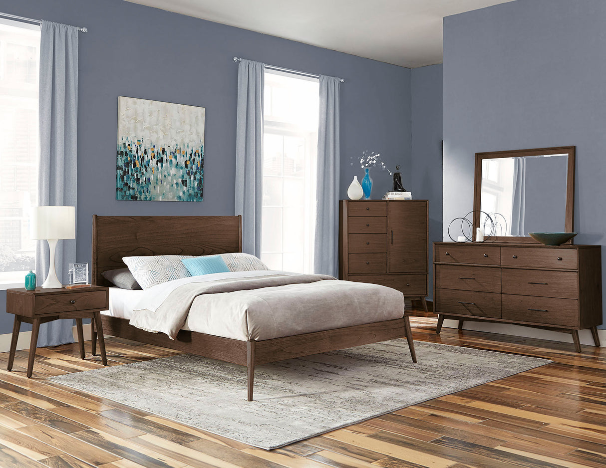 A room setting featuring American Modern Walnut King 4 Piece Room Group