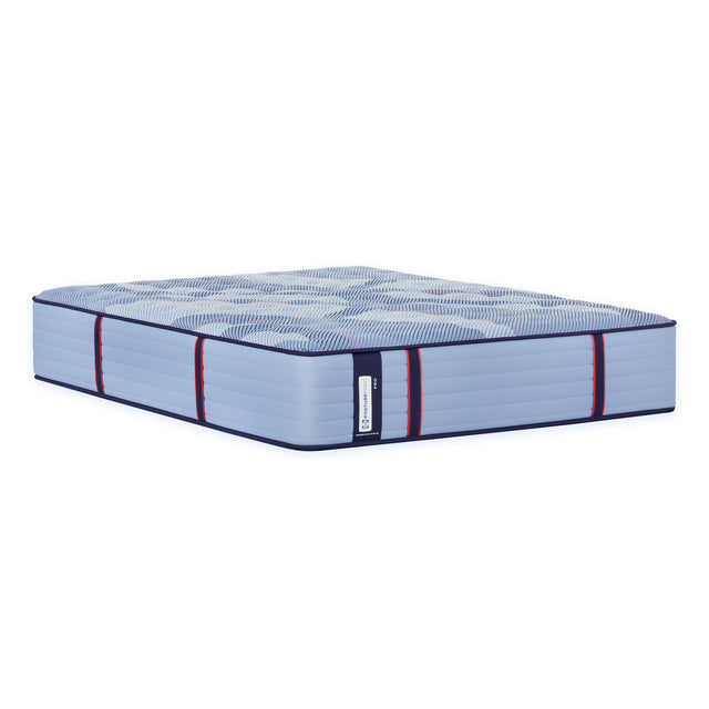 A Sealy Posturepedic Pro Indianapolis Firm Tight Top mattress with a blue and white checkered pattern on the fabric.