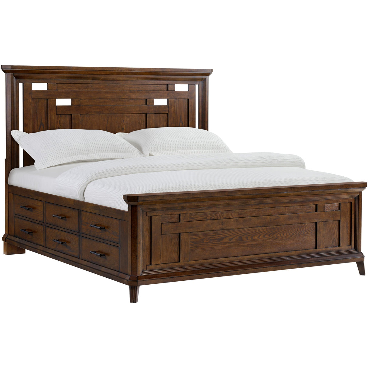 Front right view of Acorn Hill Brown King Storage Bed