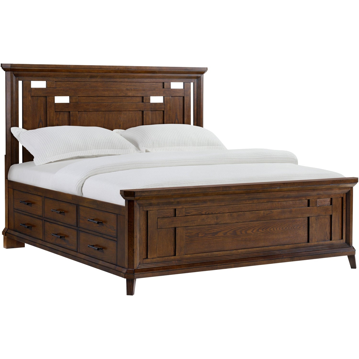 Front right view of Acorn Hill Brown King Storage Bed