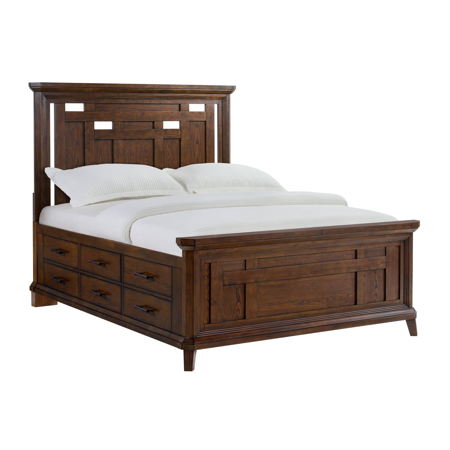 Front right view of Acorn Hill Brown Queen Storage Bed