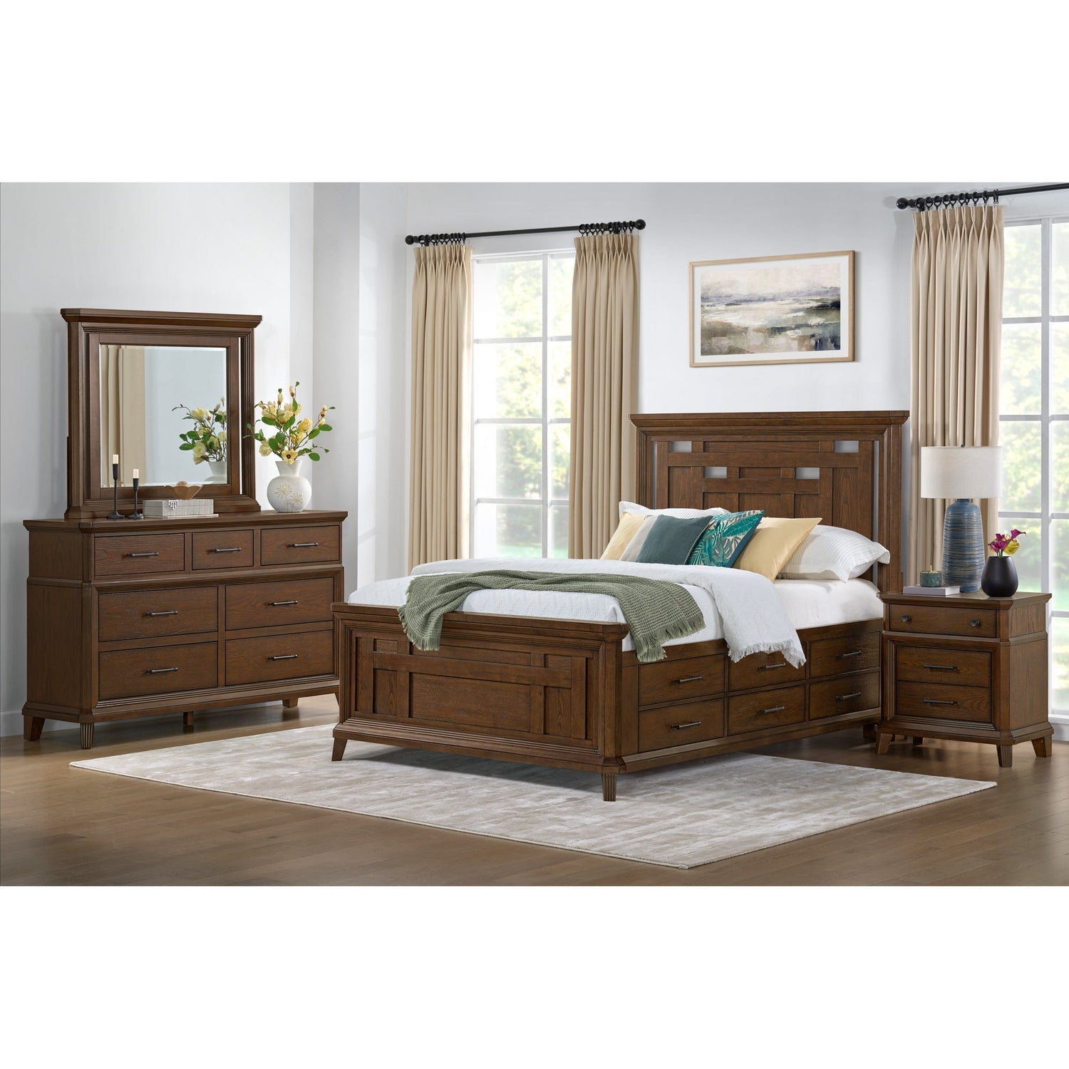 A room setting featuring Acorn Hill Brown Queen Storage Bed