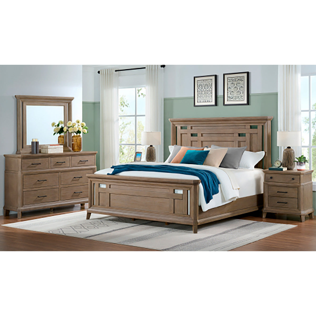 A room setting featuring Acorn Hill Taupe King Bed