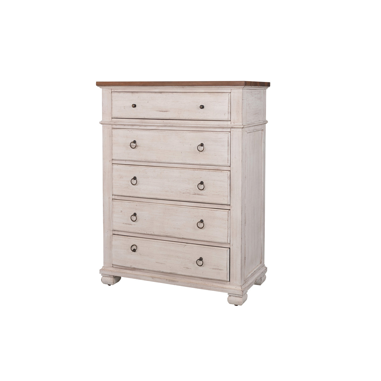 Front right view of Belmont Antique Linen 5 Drawer Chest
