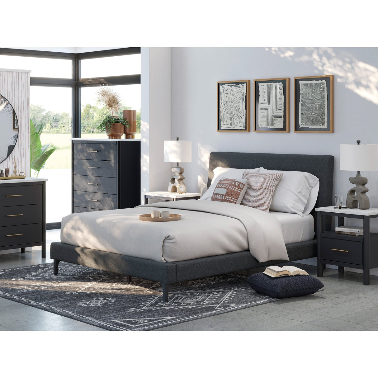 A room setting featuring Cadmori Charcoal Full Upholstered Bed
