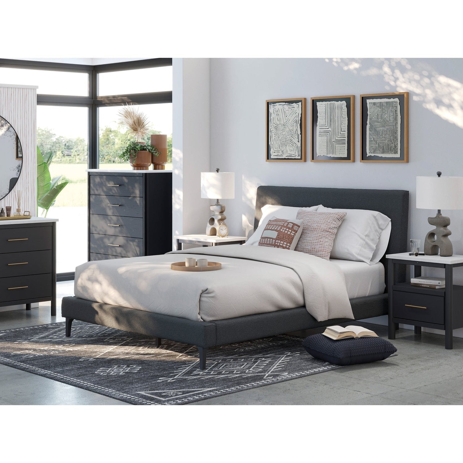 A room setting featuring Cadmori Charcoal Queen Upholstered Bed