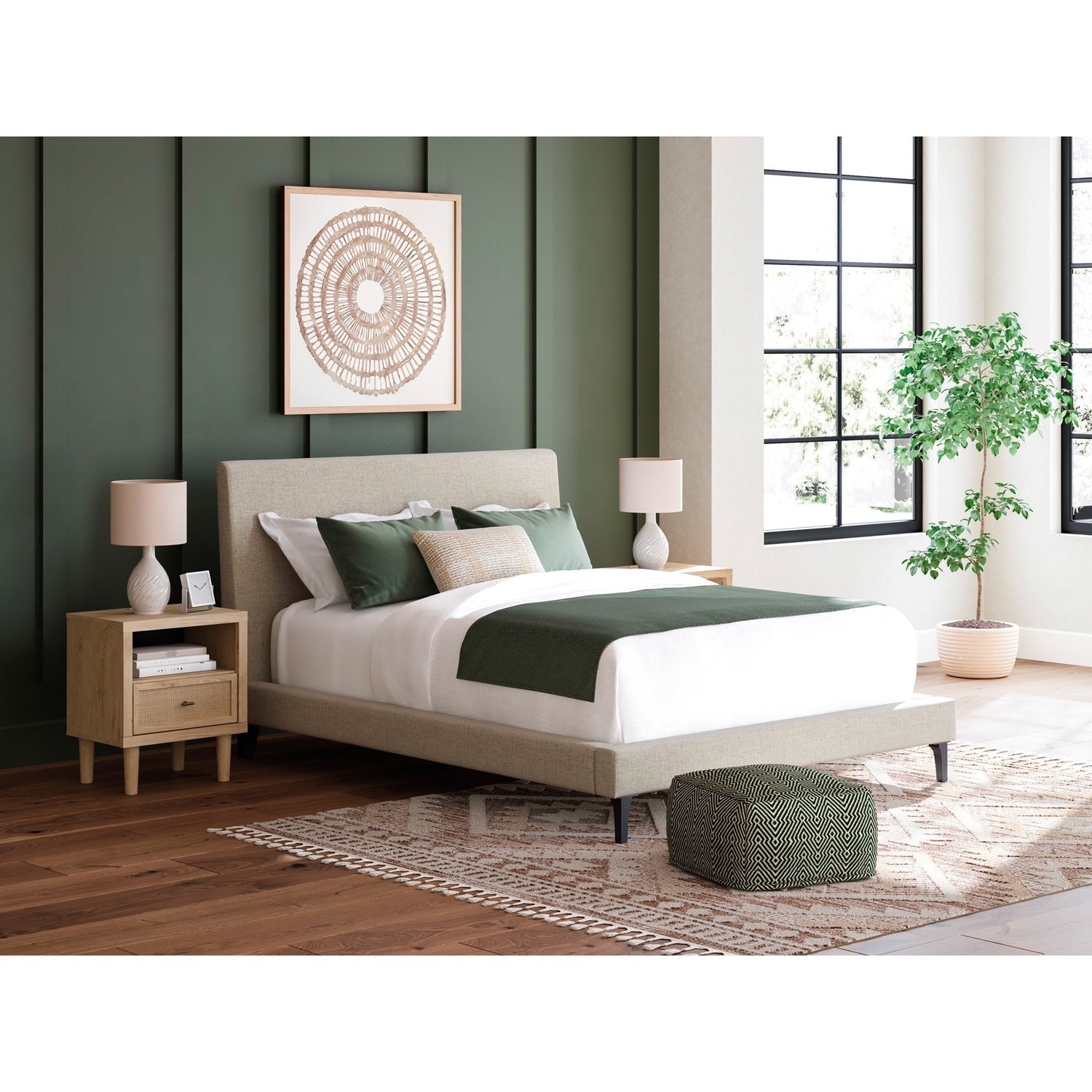 A room setting featuring Cadmori Gray Queen Upholstered Bed