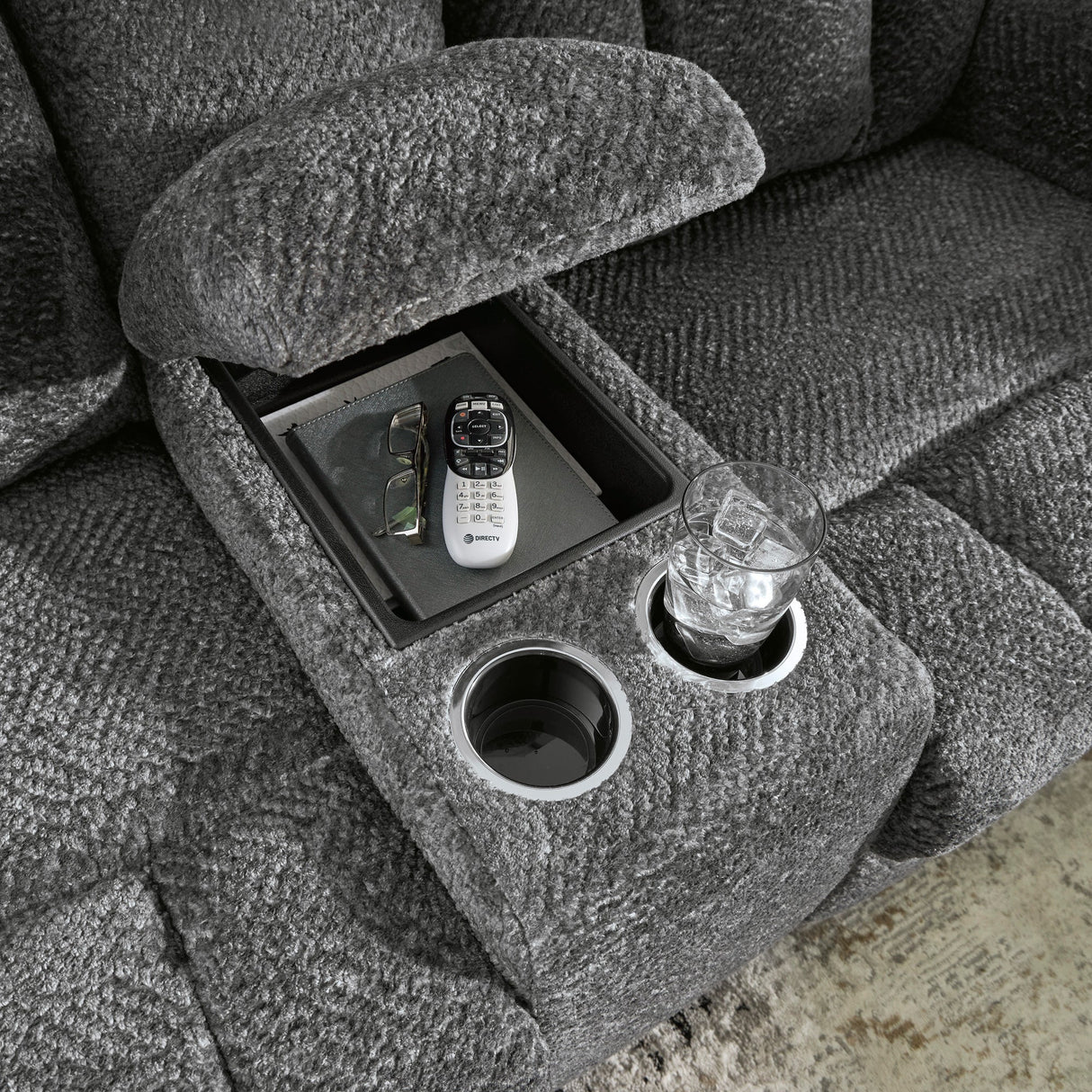Detail view of Frohn Graphite Console Reclining Loveseat