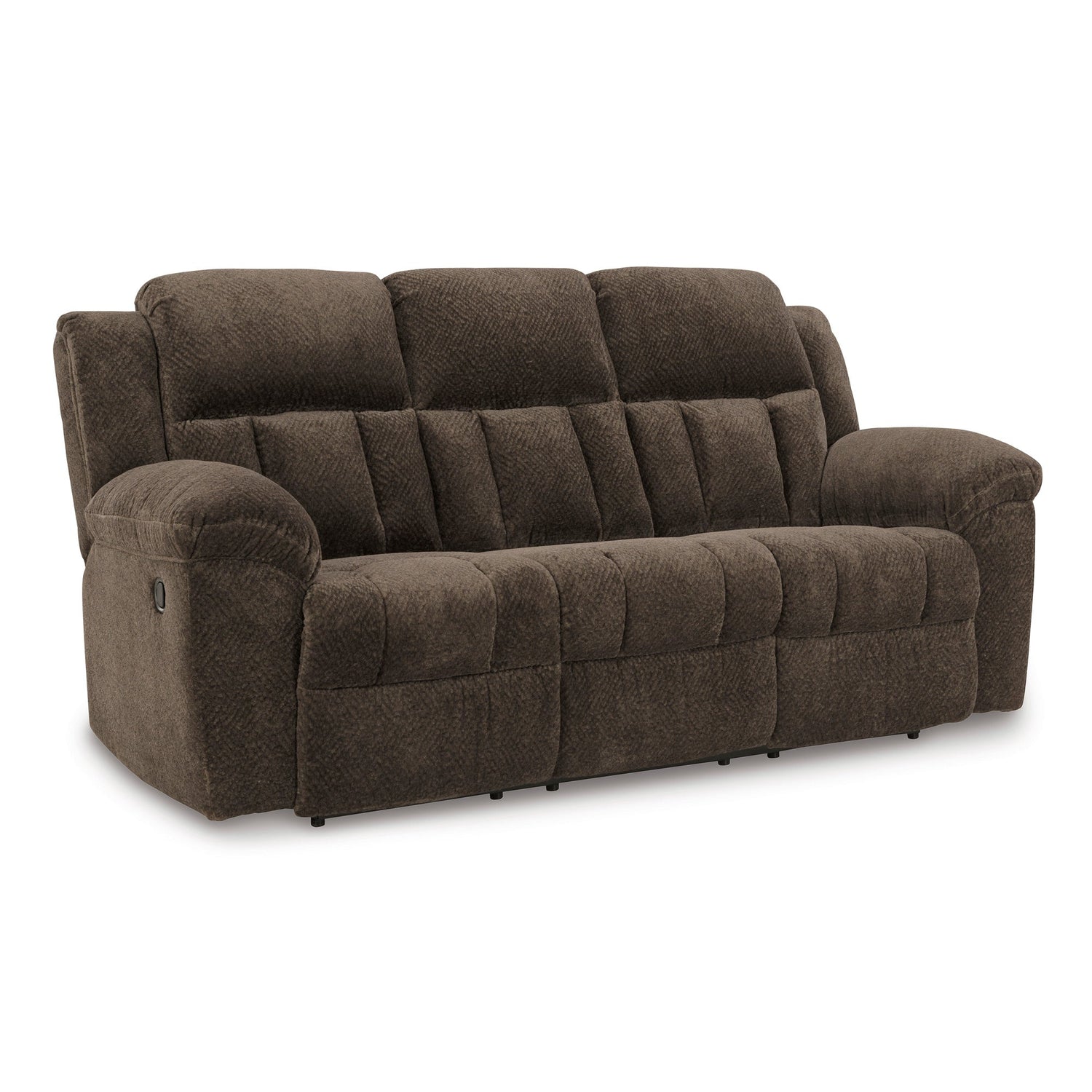 Front right view of Frohn Chocolate Reclining Sofa