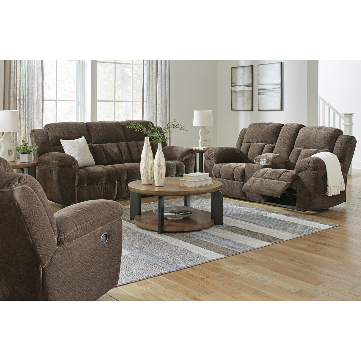 Room setting 2 featuring Frohn Chocolate Reclining Sofa