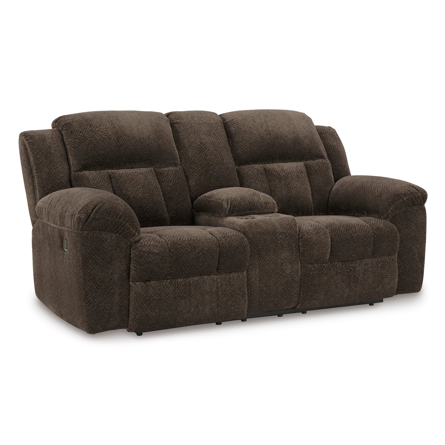 Front right view of Frohn Chocolate Console Reclining Loveseat