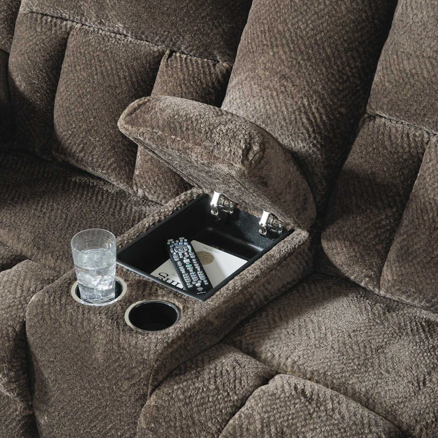 Detail view of Frohn Chocolate Console Reclining Loveseat