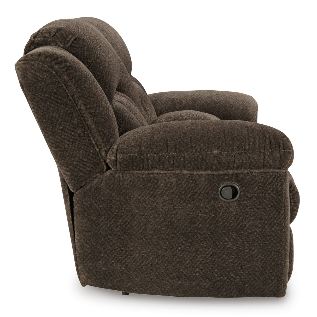 Side view of Frohn Chocolate Console Reclining Loveseat