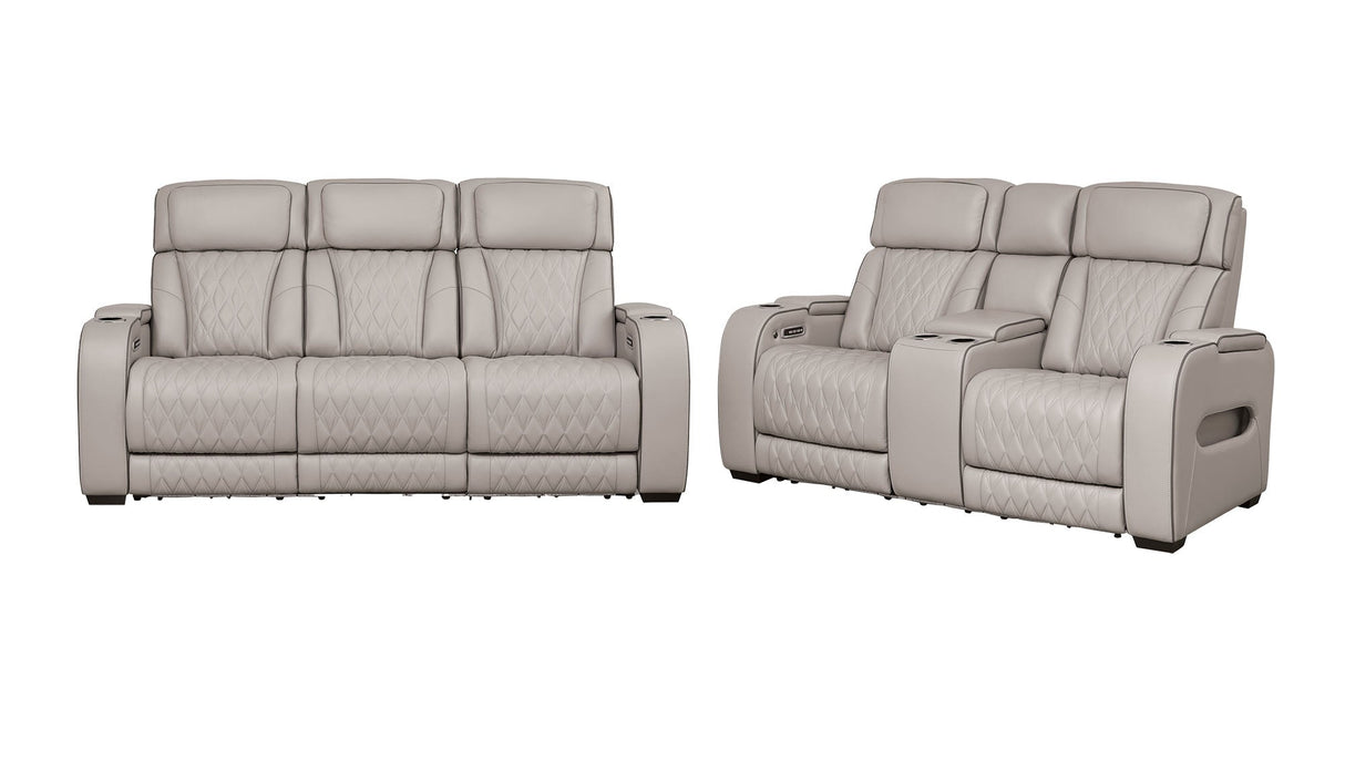 Back left view of Boyington Gray Power Reclining Sofa and Loveseat
