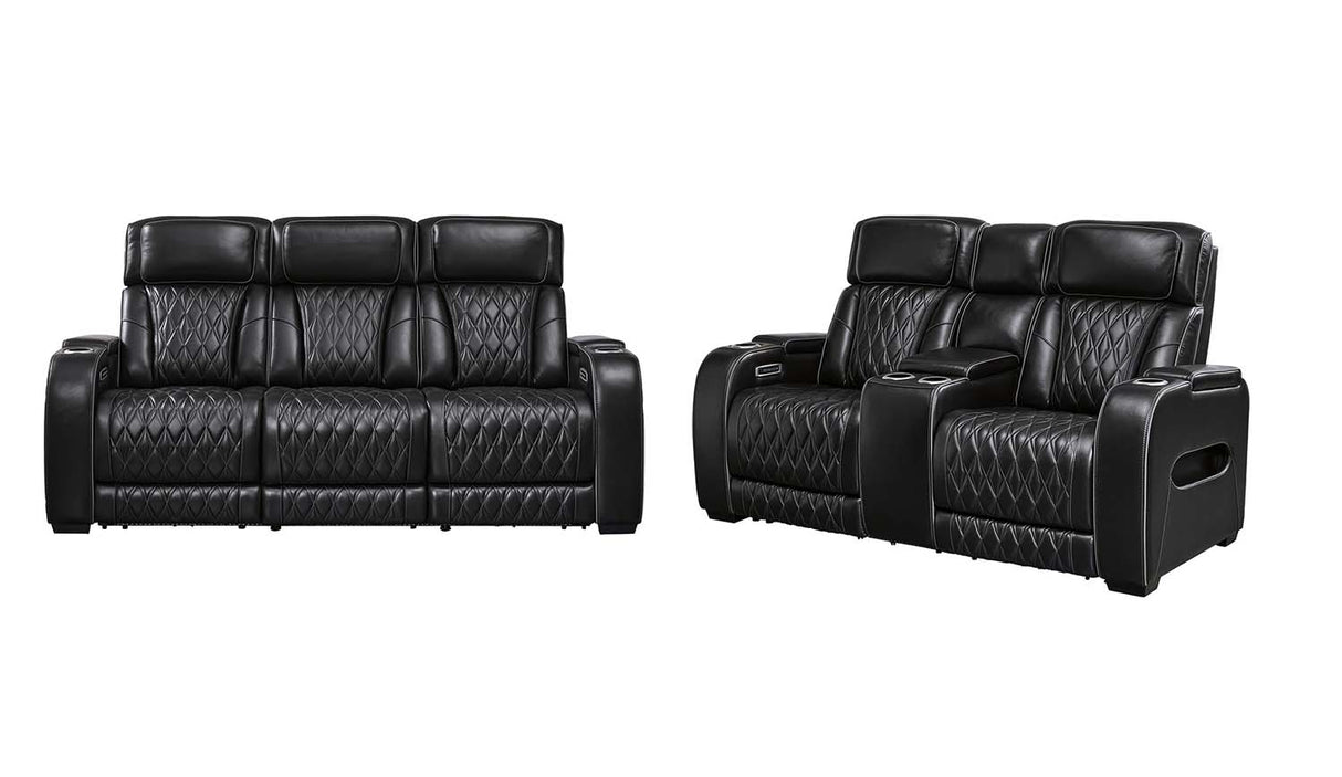 Front left view of Boyington Black Power Reclining Sofa and Loveseat