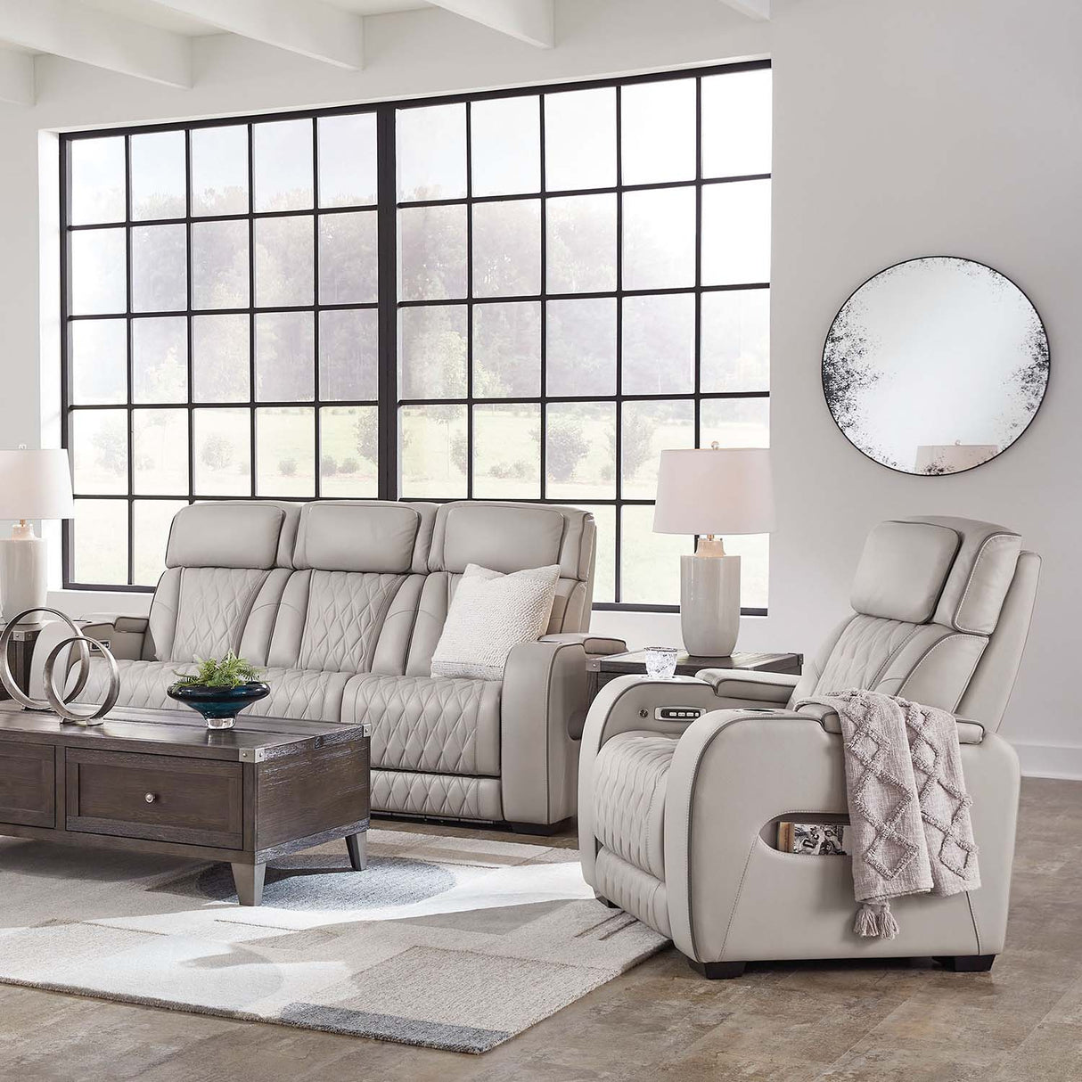 Room setting 2 featuring Boyington Gray Power Reclining Sofa and Recliner