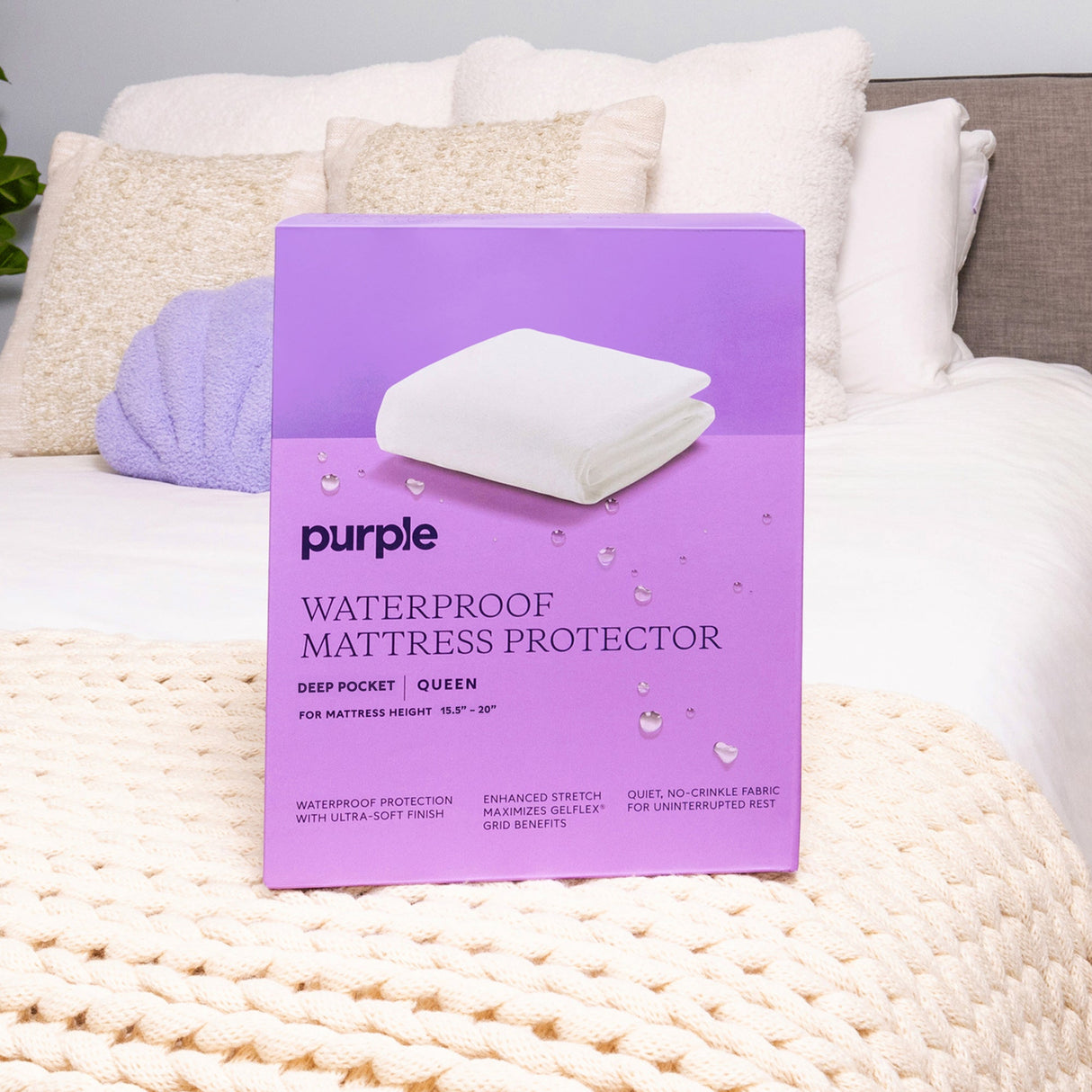 A room setting featuring Purple Deep Pocket Split King Mattress Protector