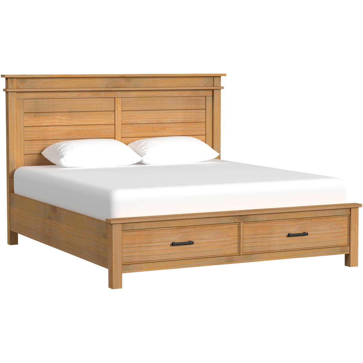 Front left view of Glacier Point Golden Java King Storage Bed