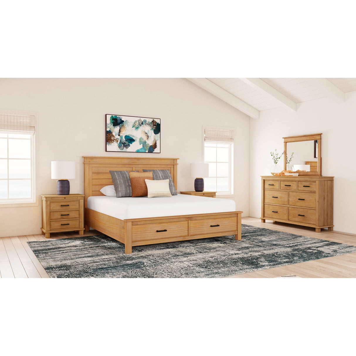 A room setting featuring Glacier Point Golden Java King Storage Bed