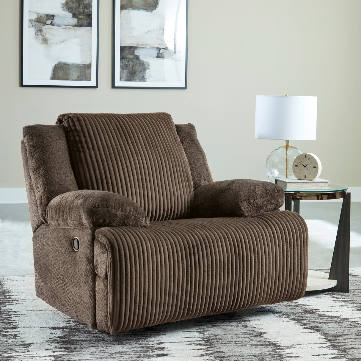 A room setting featuring Top Tier Chocolate Oversized Rocker Recliner