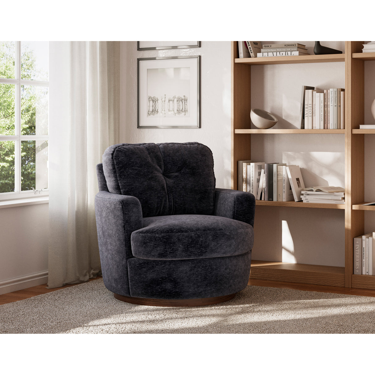 A room setting featuring Brodi Charcoal Swivel Accent Chair