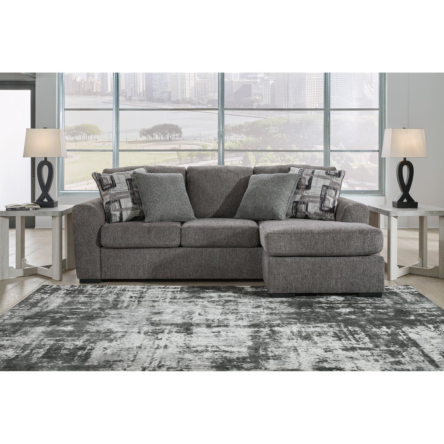 A room setting featuring Gardiner Pewter Sofa Chaise