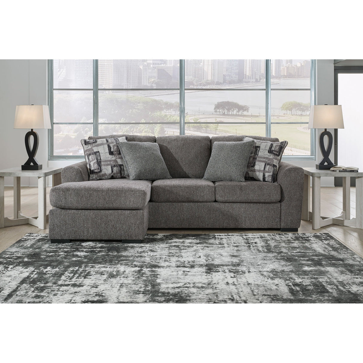 Room setting 2 featuring Gardiner Pewter Sofa Chaise