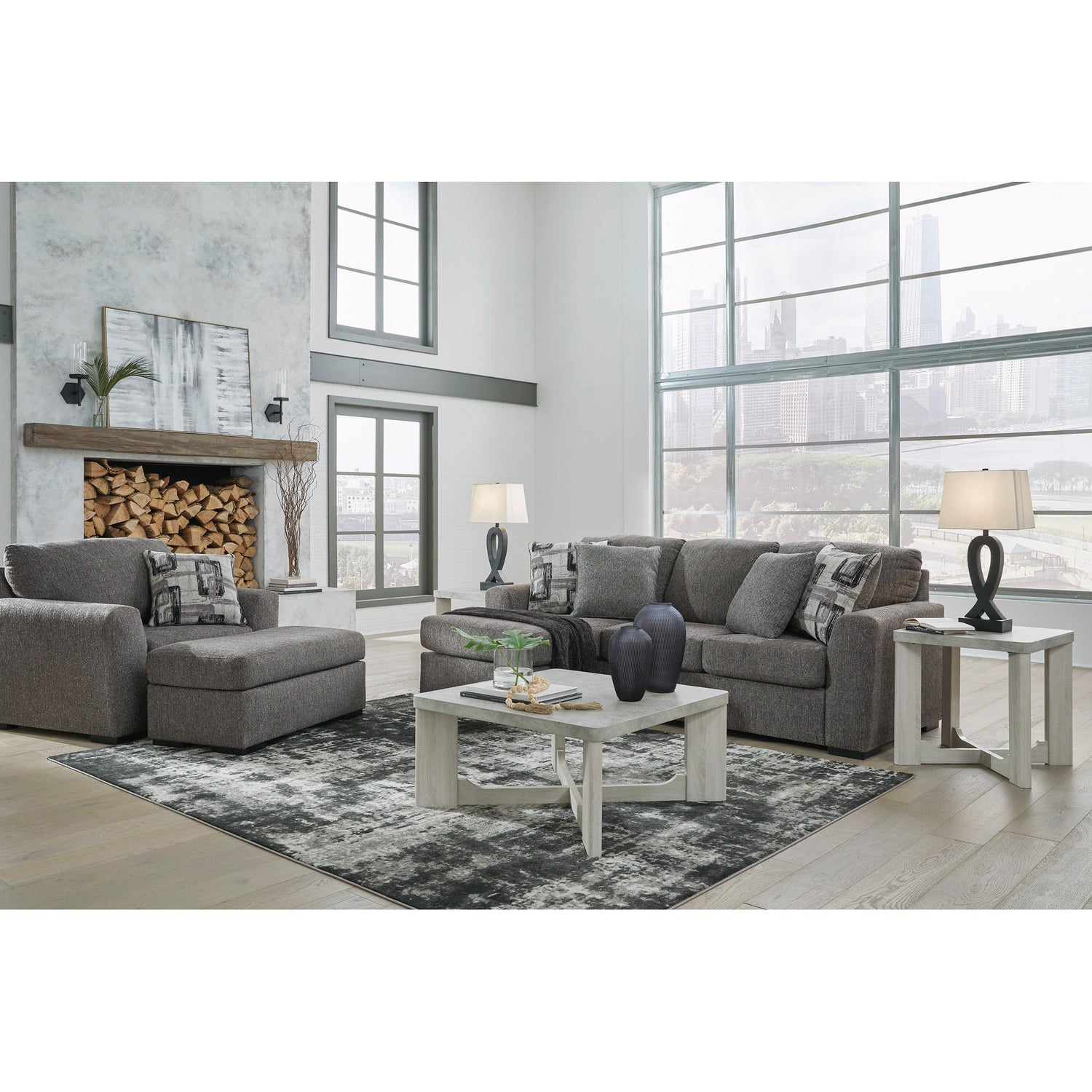 Room setting 3 featuring Gardiner Pewter Sofa Chaise