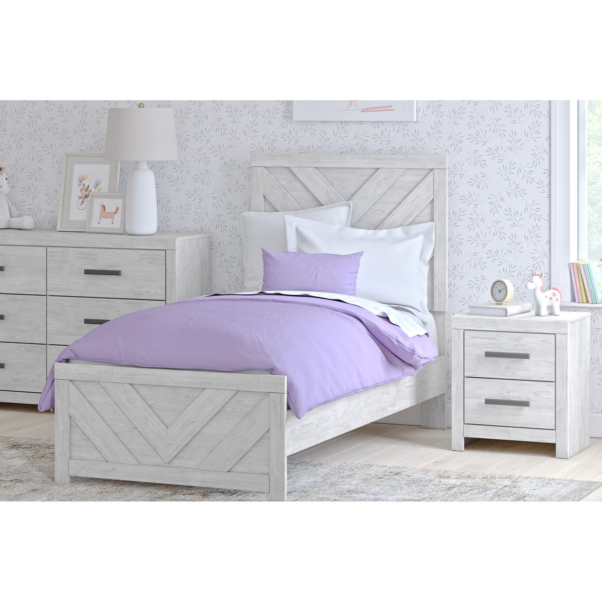 A room setting featuring Cayboni White Twin Panel Bed
