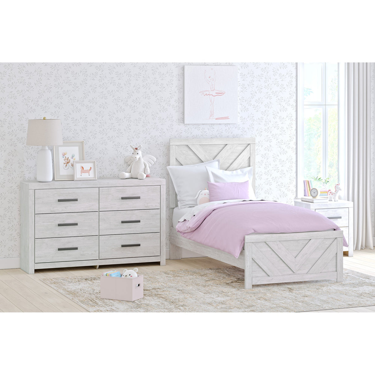 Room setting 2 featuring Cayboni White Twin Panel Bed