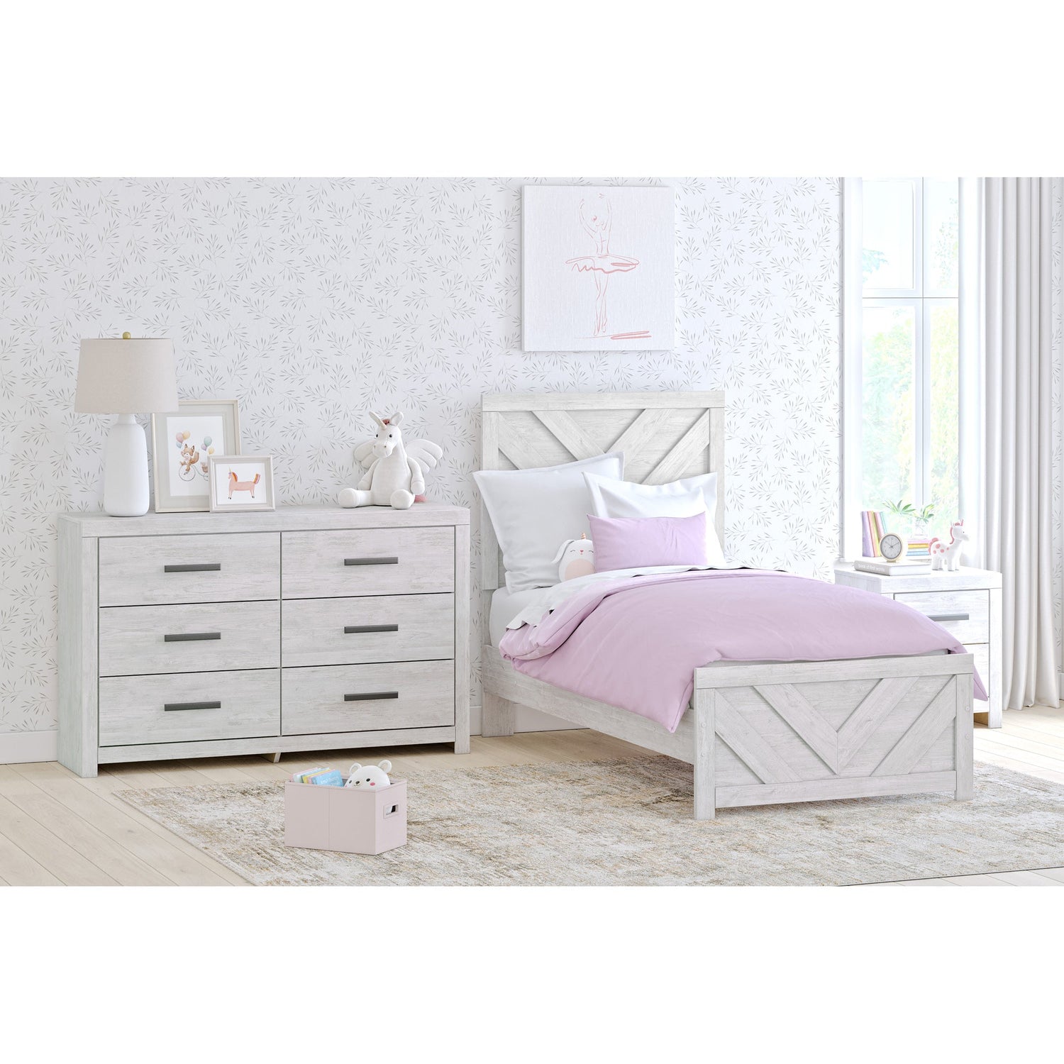Room setting 2 featuring Cayboni White Twin Panel Bed