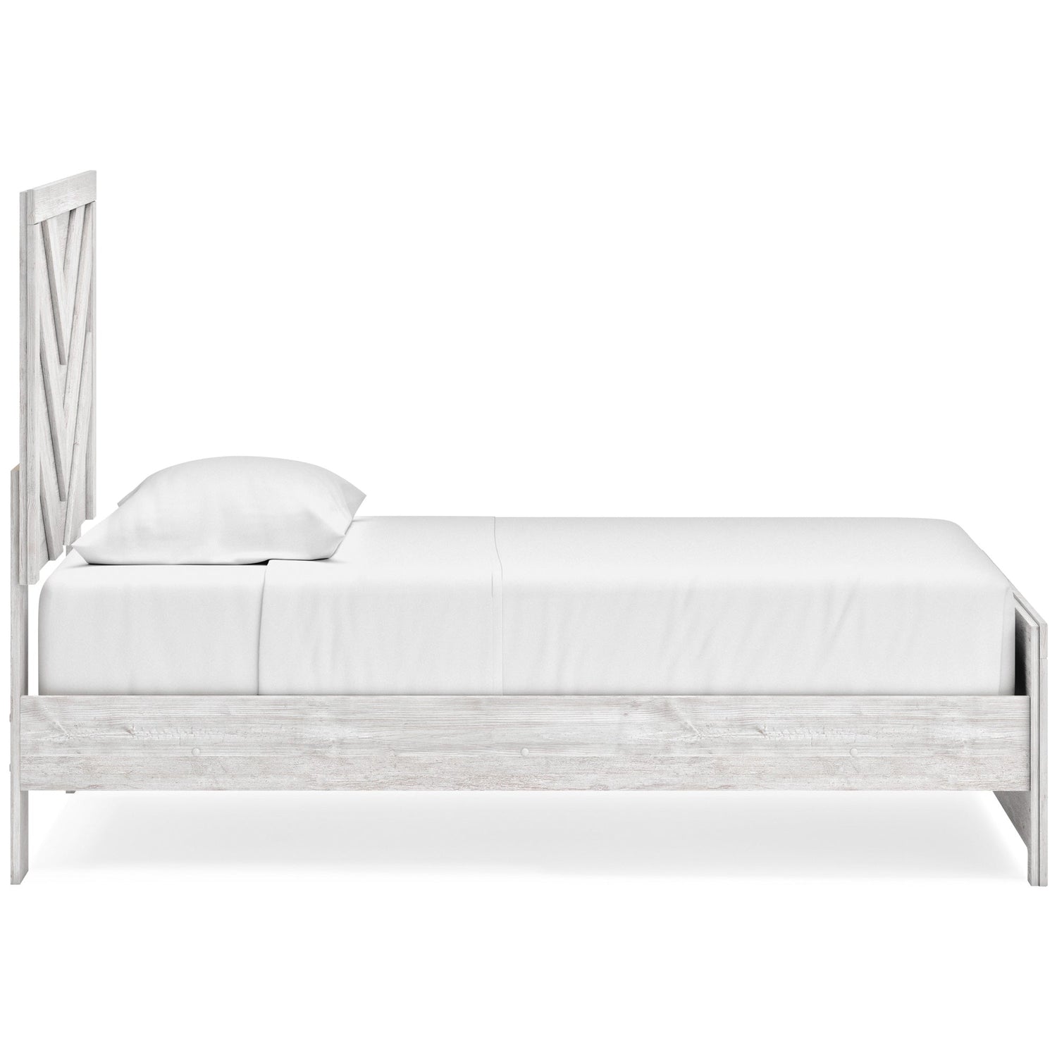 Side view of Cayboni White Twin Panel Bed