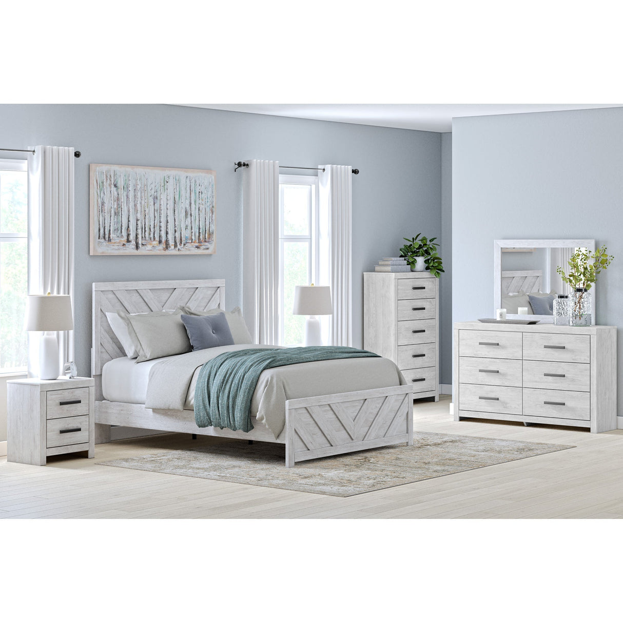 A room setting featuring Cayboni White Queen Panel Bed