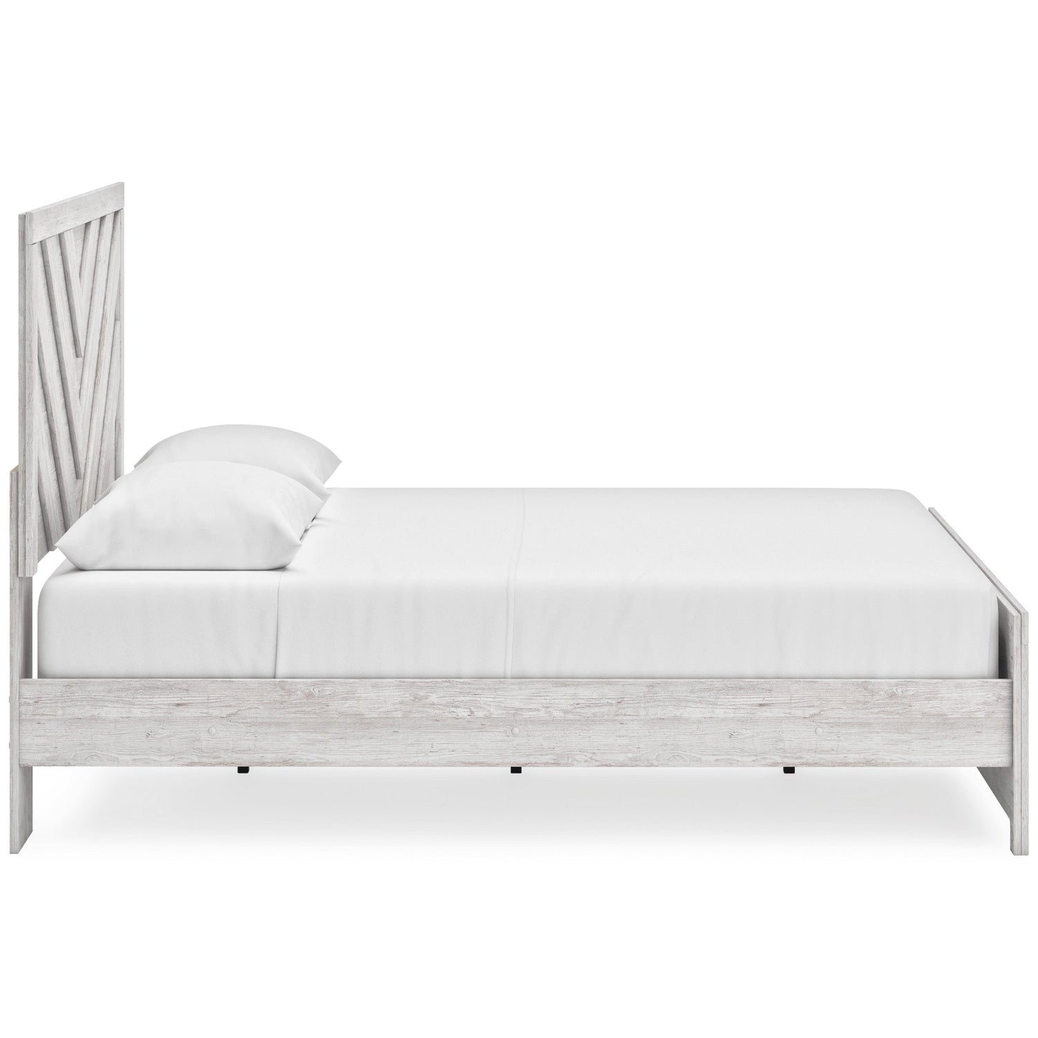Side view of Cayboni White Queen Panel Bed