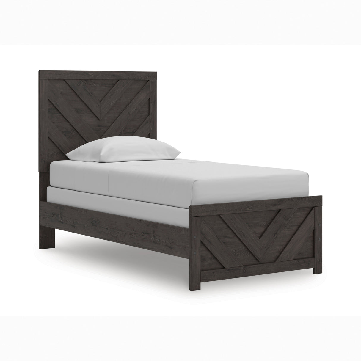 Front right view of Prendonea Charcoal Twin Panel Bed