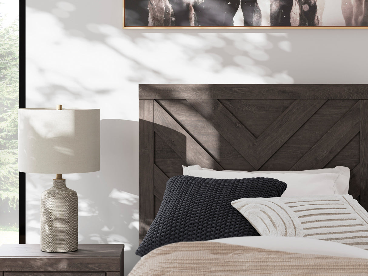 Detail view of Prendonea Charcoal Twin Panel Bed