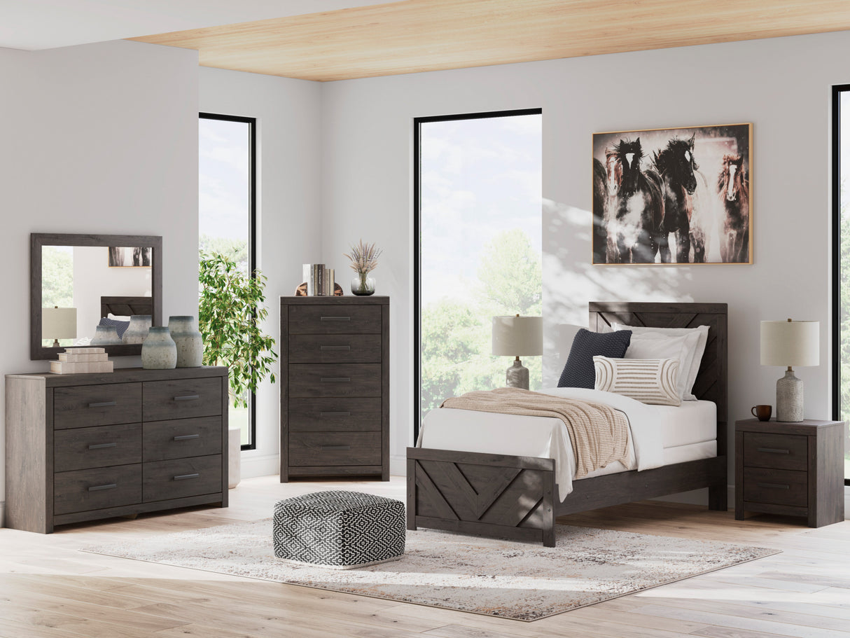 Room setting 2 featuring Prendonea Charcoal Twin Panel Bed