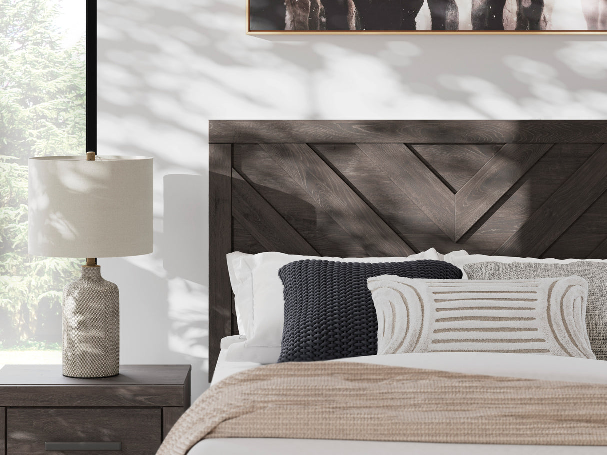 Detail view of Prendonea Charcoal Full Panel Bed
