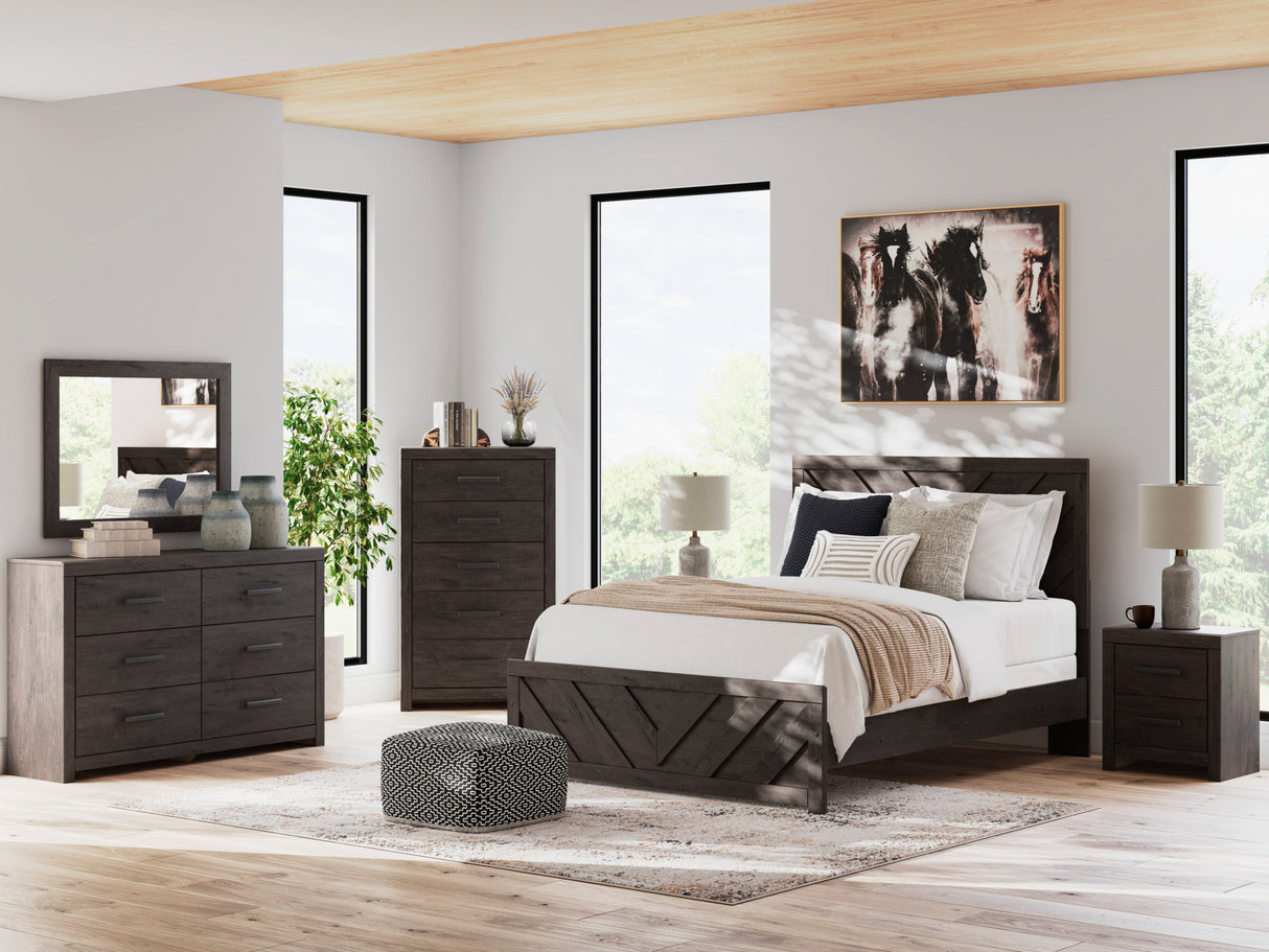 Room setting 2 featuring Prendonea Charcoal Queen Panel Bed