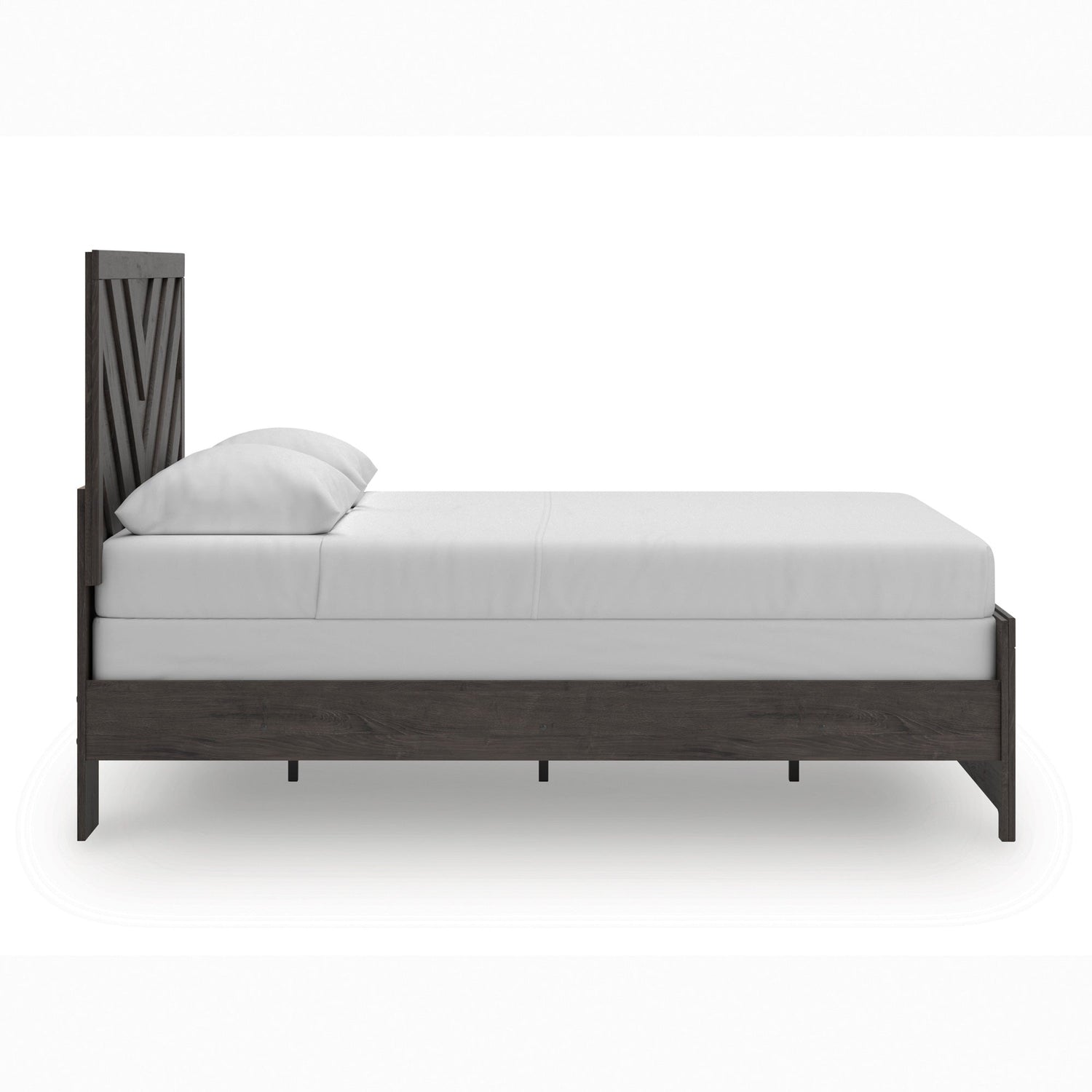 Side view of Prendonea Charcoal Queen Panel Bed