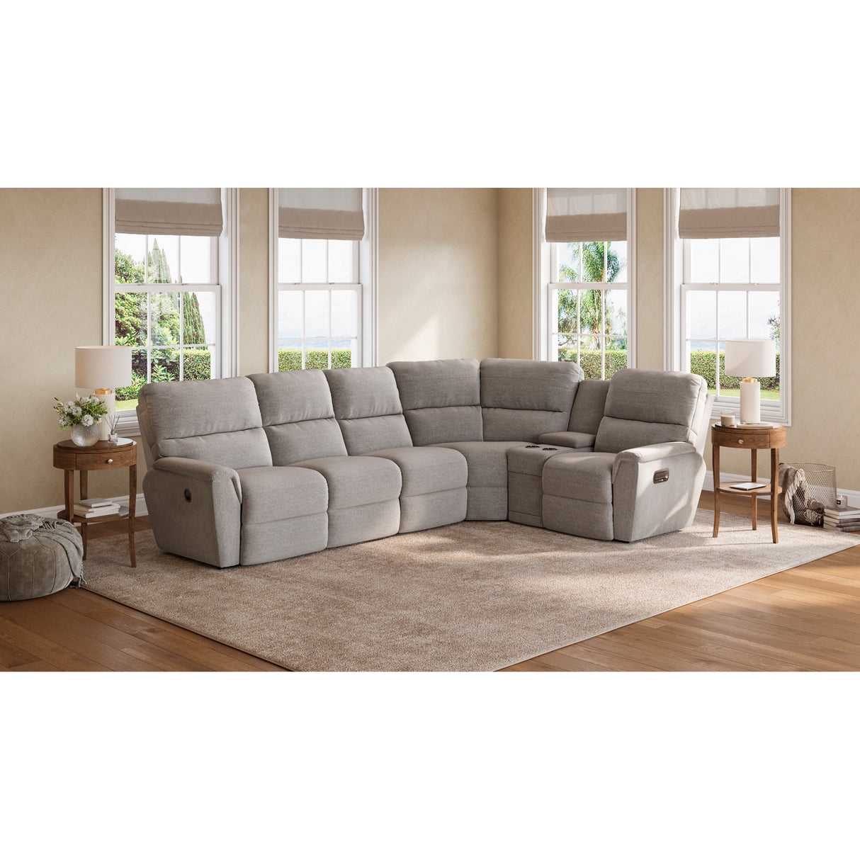A room setting featuring Ava Oyster 5 Piece Sectional with 1 Tri-Power End