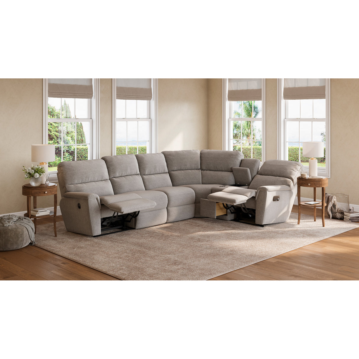 Room setting 2 featuring Ava Oyster 5 Piece Sectional with 1 Tri-Power End