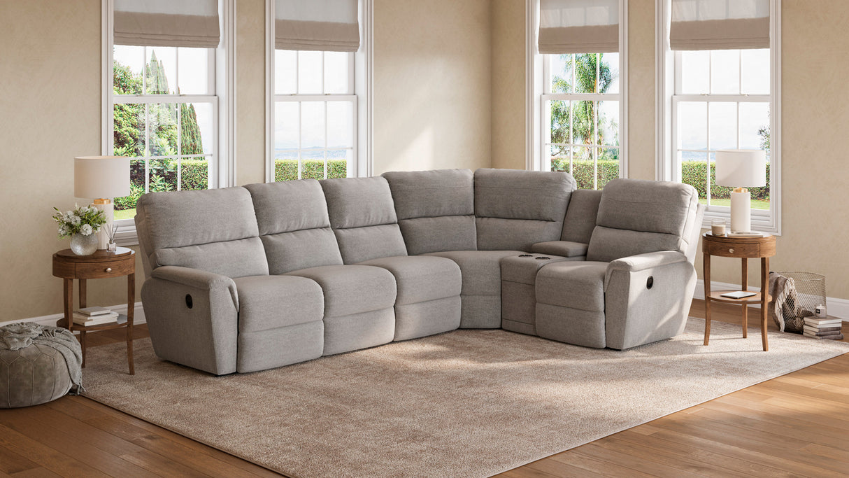 A room setting featuring Ava Oyster 5 Piece Sectional with 2 Tri-Power Ends and 1 Tri-Power Armless