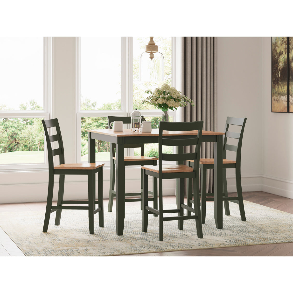 A room setting featuring Gesthaven Olive 5 Piece Square Counter Dining Set