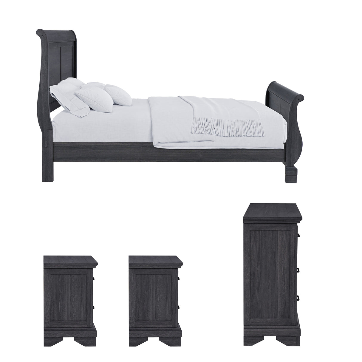 Side view of Faye Charcoal 4 Piece Queen Sleigh Bedroom