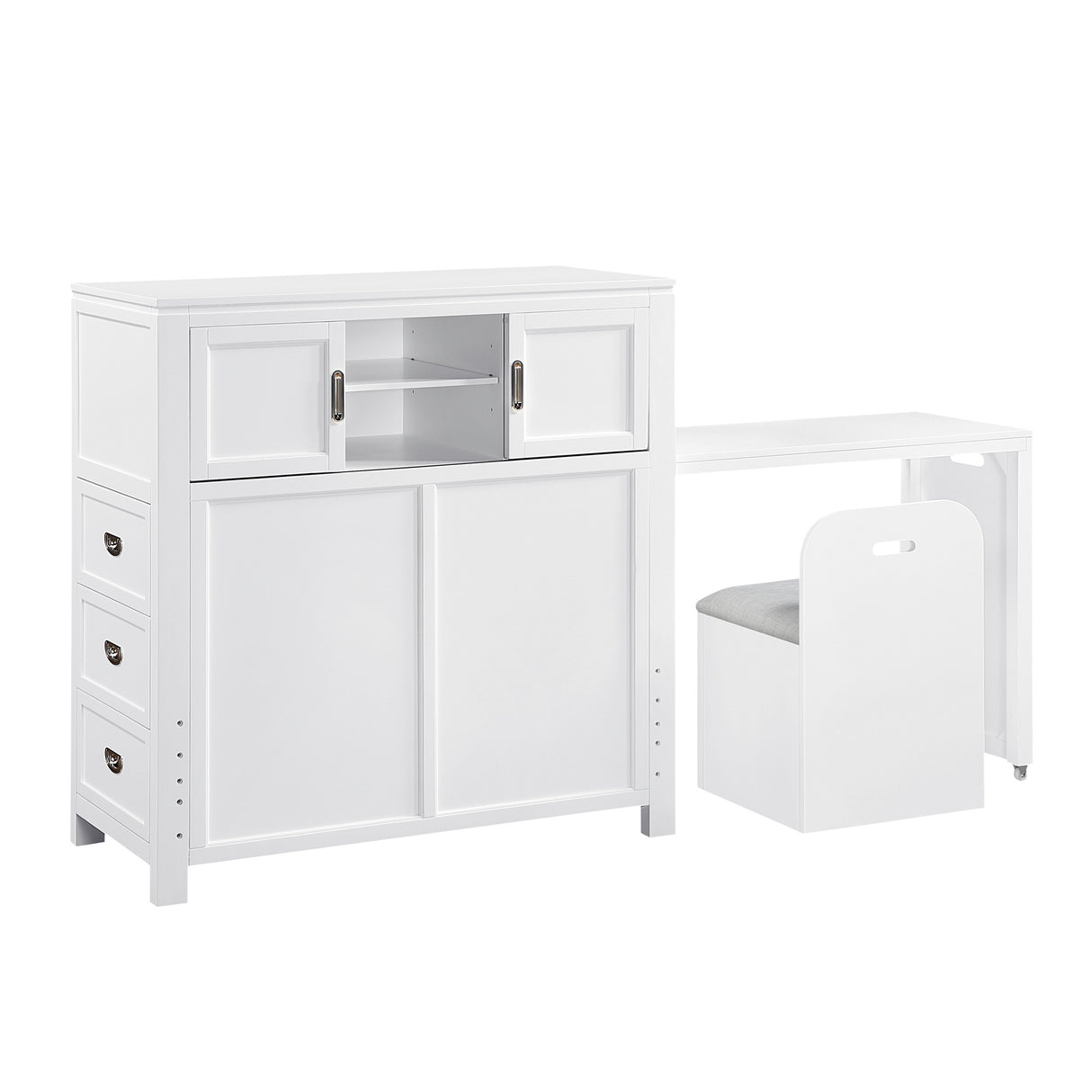 Front right view of Sloane White Twin Headboard with Desk and Stool