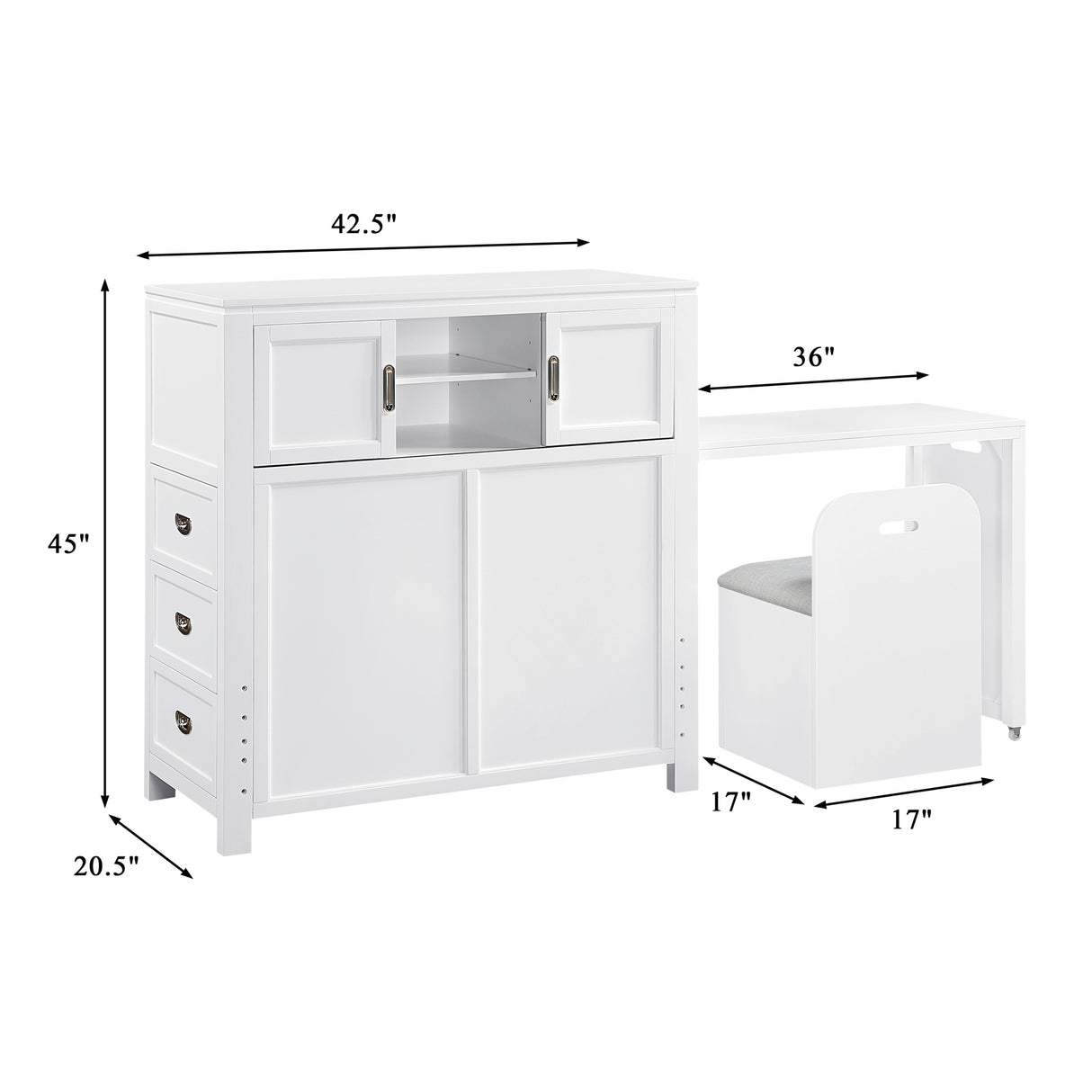 Detail image of Sloane White Twin Headboard with Desk and Stool with overlay of product dimensions