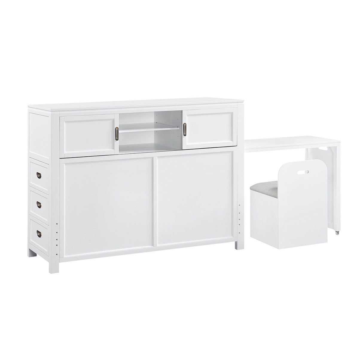 Front right view of Sloane White Full Headboard with Desk and Stool