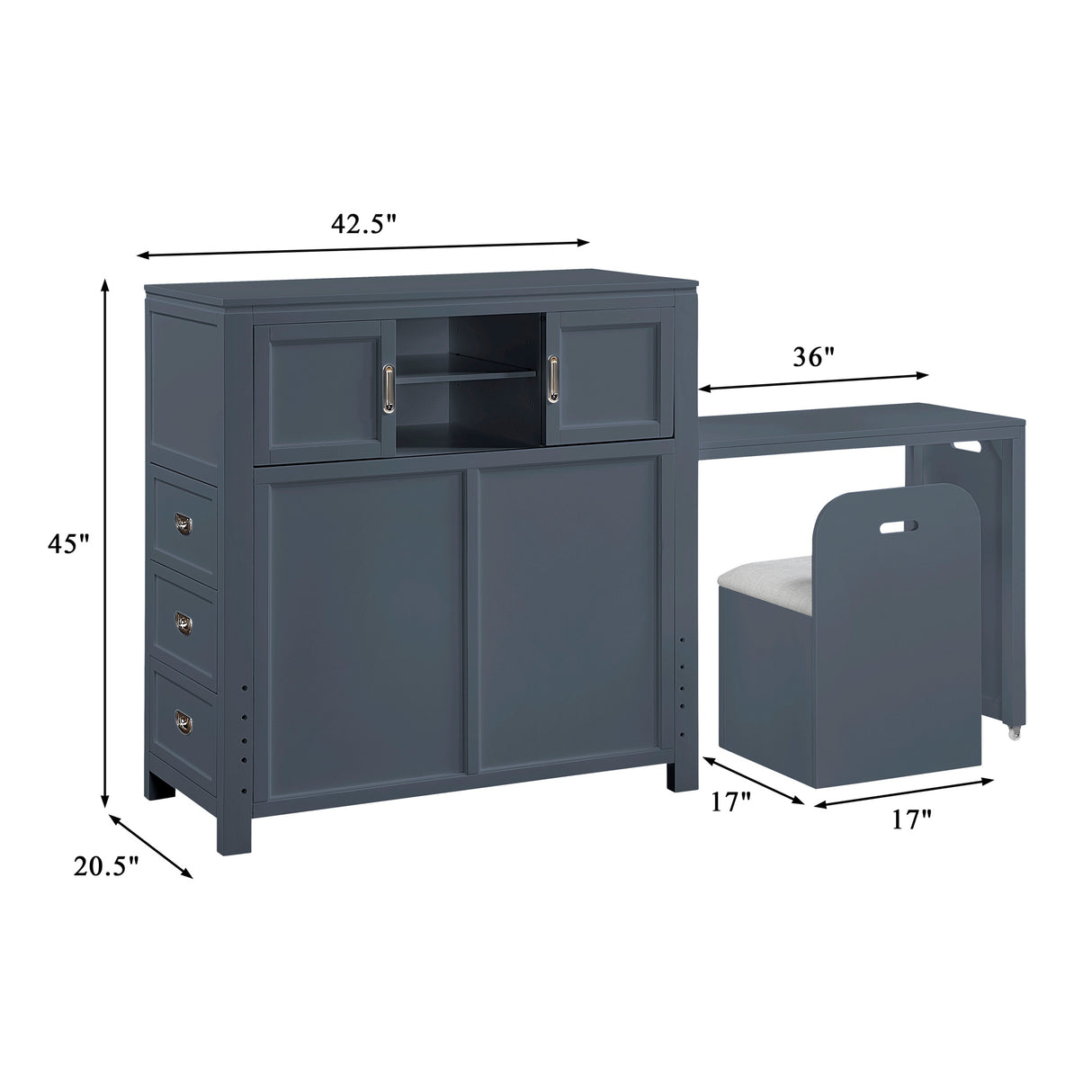 Detail image of Sloane Navy Twin Headboard with Desk and Stool with overlay of product dimensions